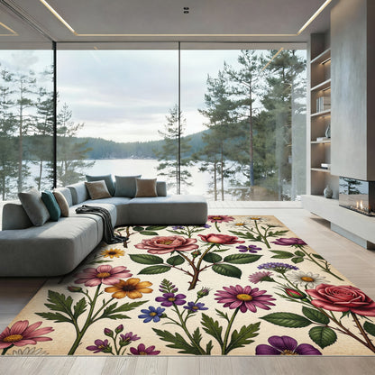 Vintage Botanical Rose and Daisy Garden Rug