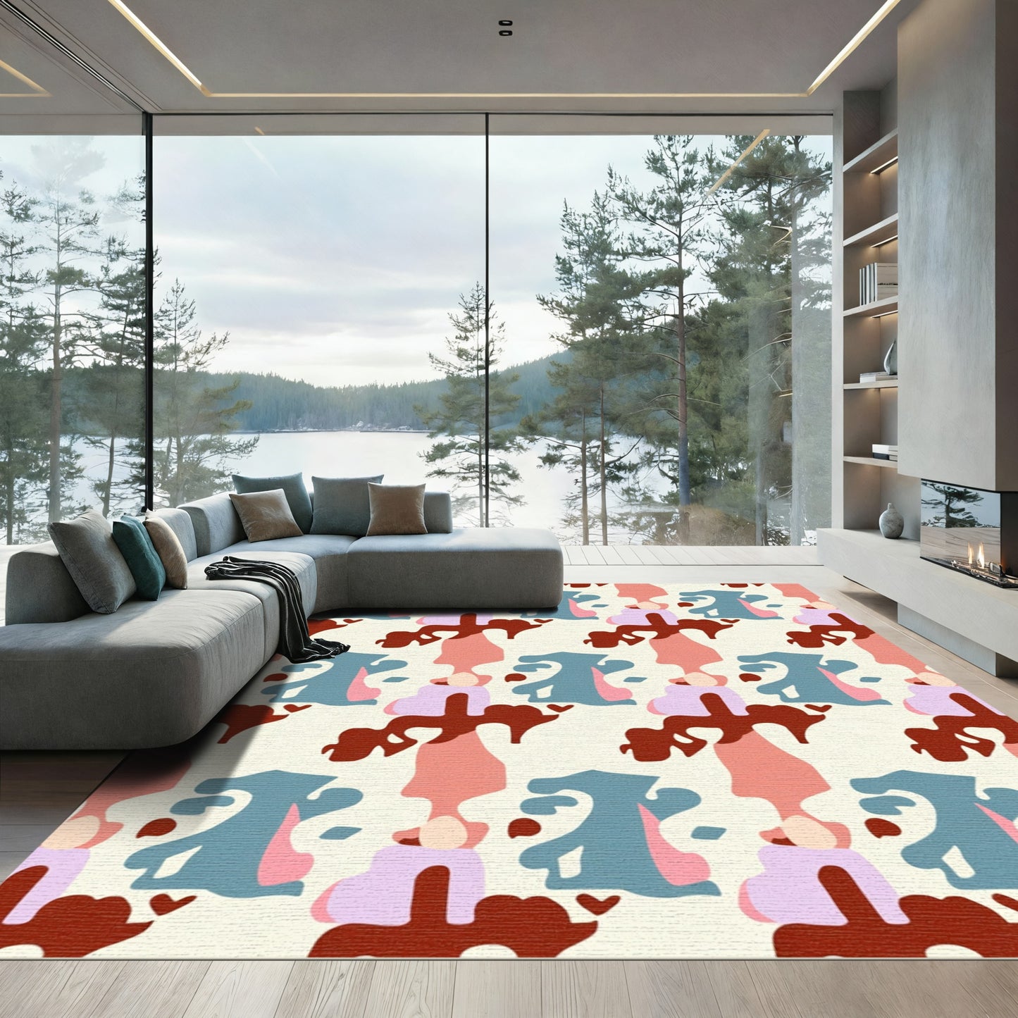 Abstract Organic Shapes Teal Coral Rug