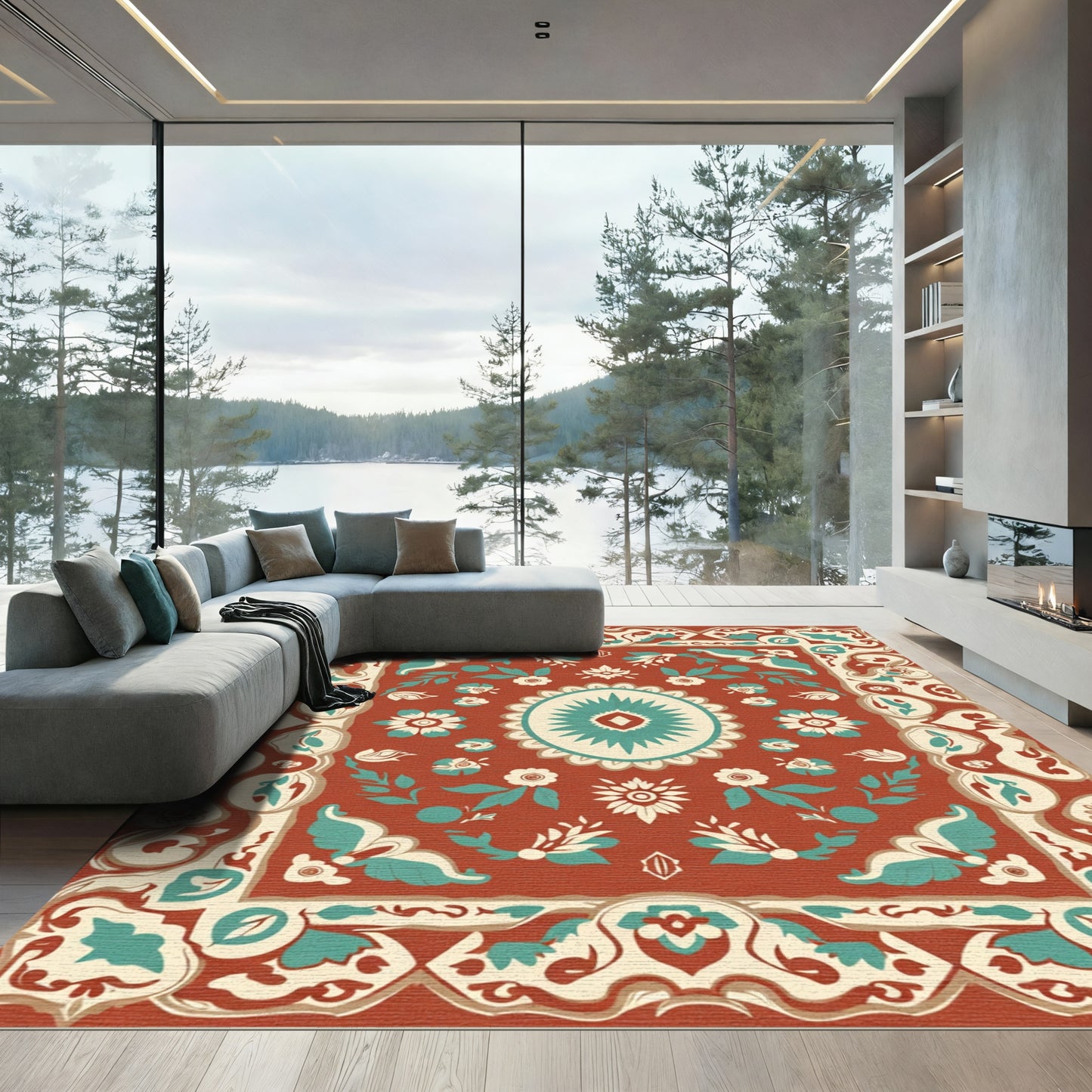 Terracotta Teal Floral Medallion Border Rug