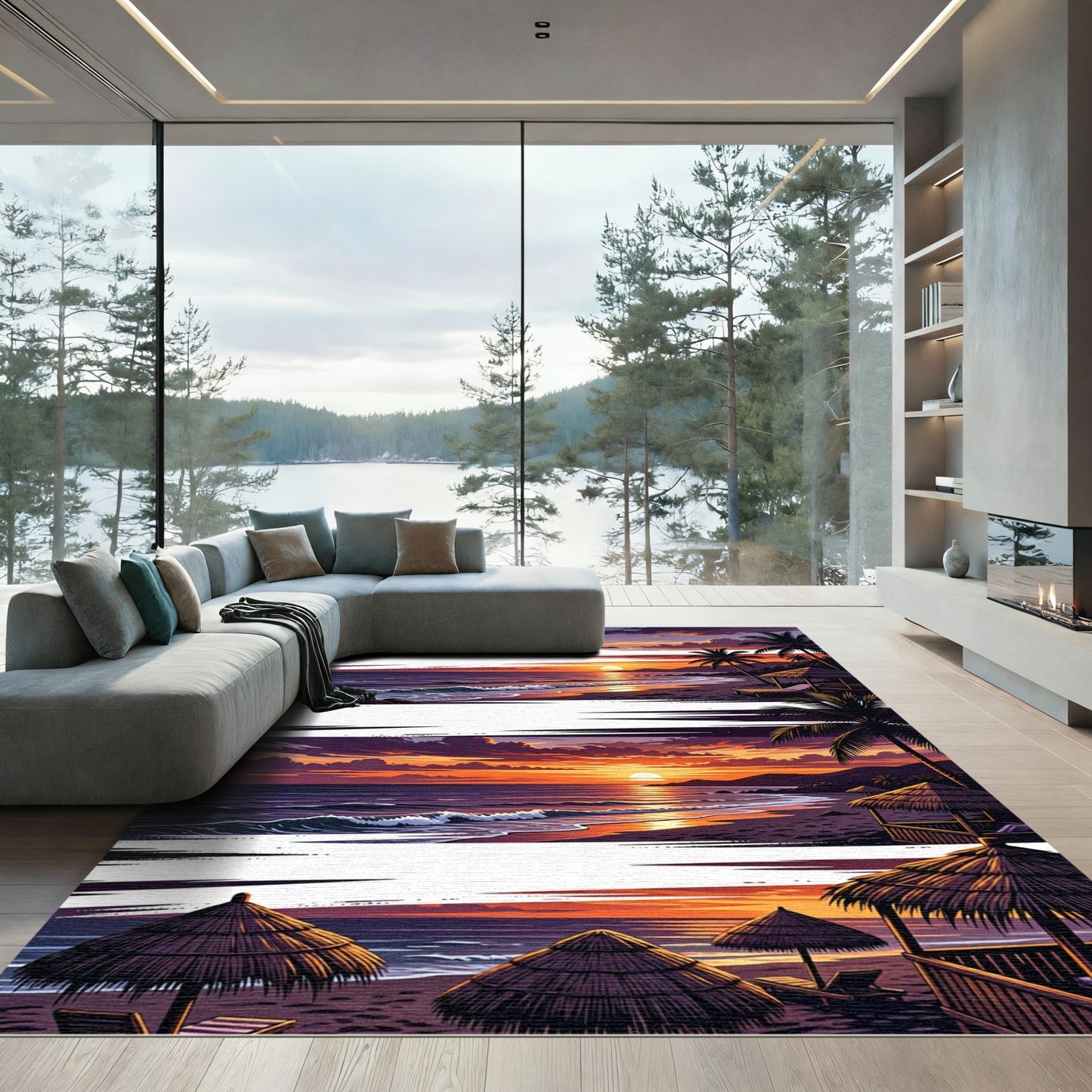 Sunset Tropical Beach Palm Trees Huts Rug