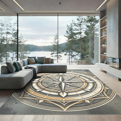 Elegant Gold Compass Mandala Circle Rug
