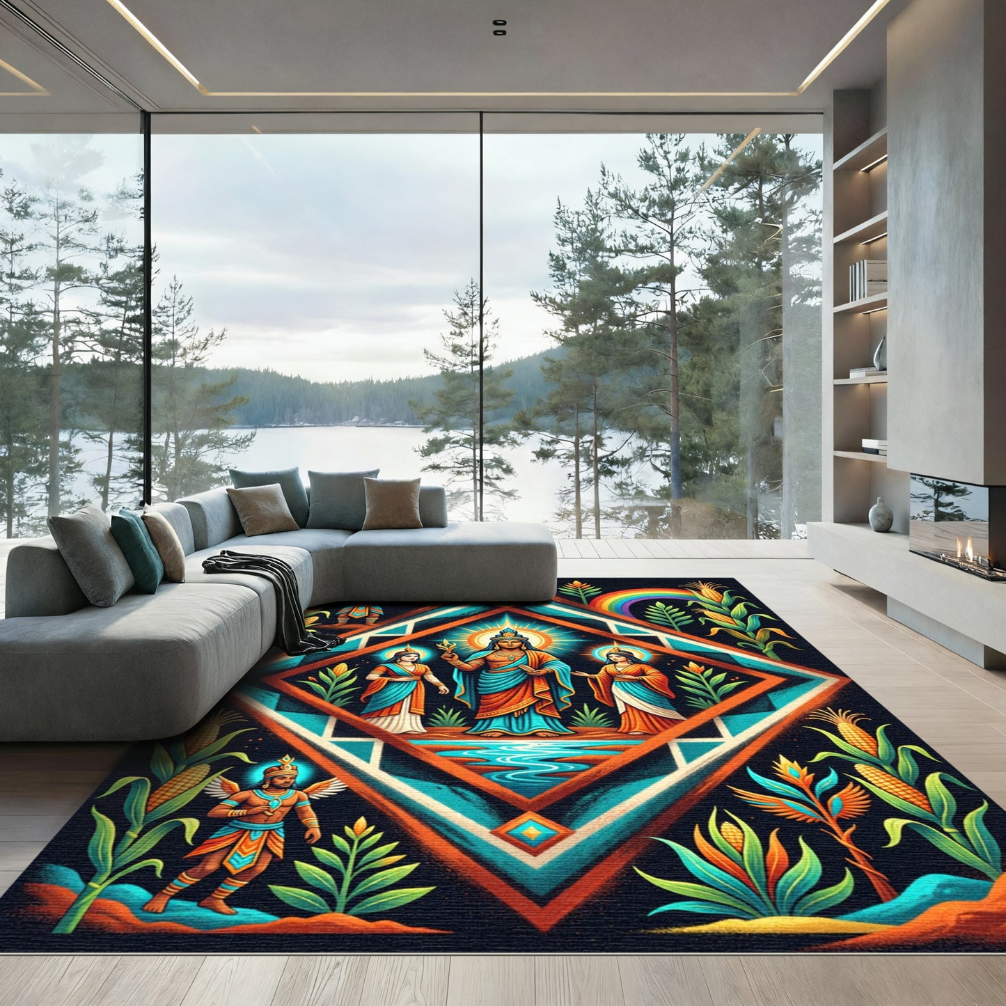 Vibrant Aztec Maize Diamond Sacred Art Rug
