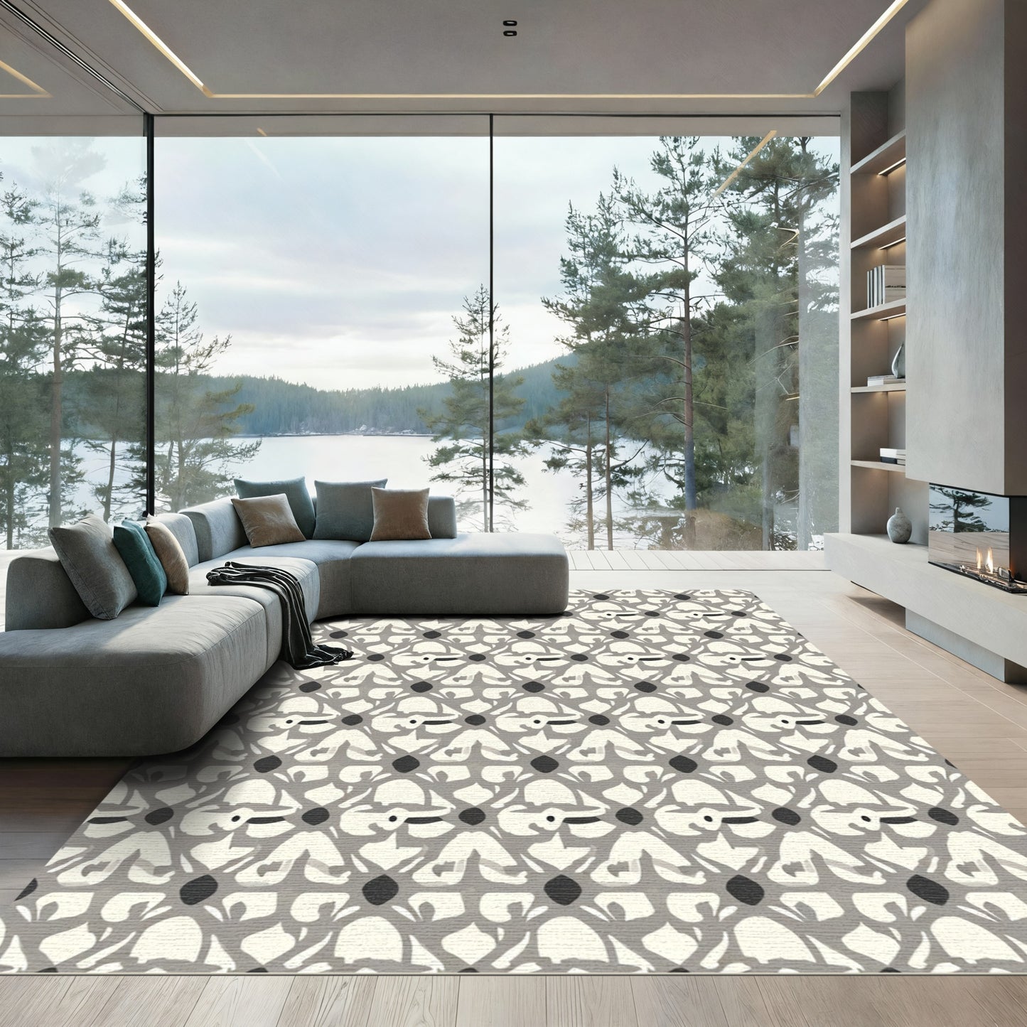 Geometric Ivory Gray Lattice Rug
