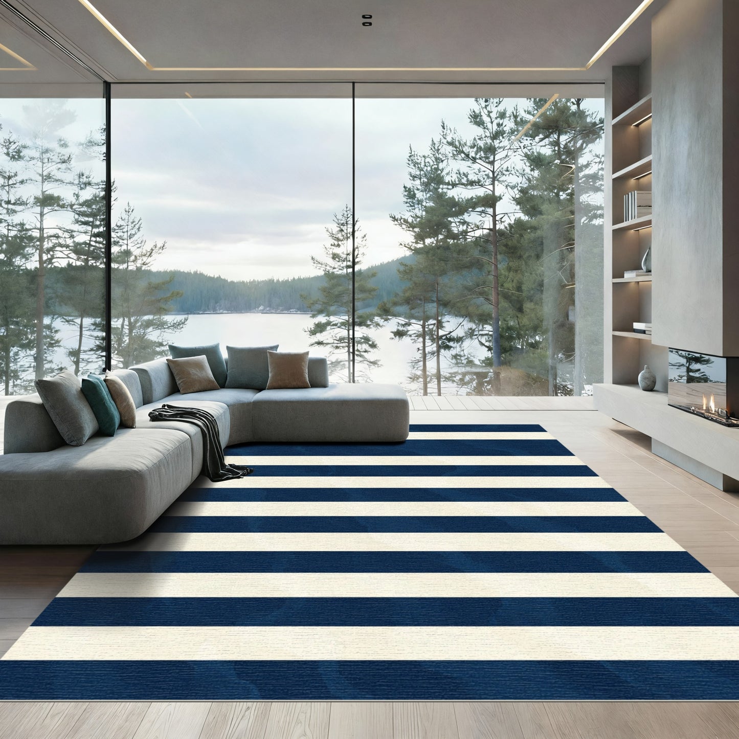 Classic Navy Cream Striped Texture Rug