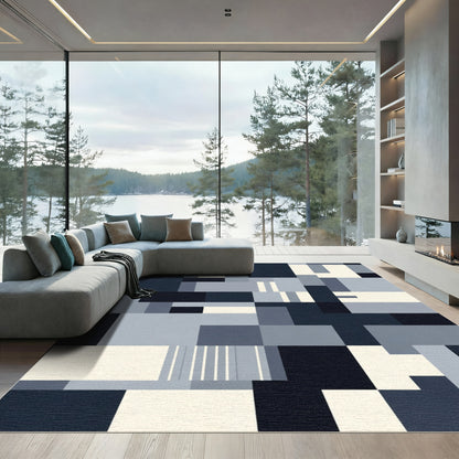 Modern Deep Blue Geometric Blocks Rug