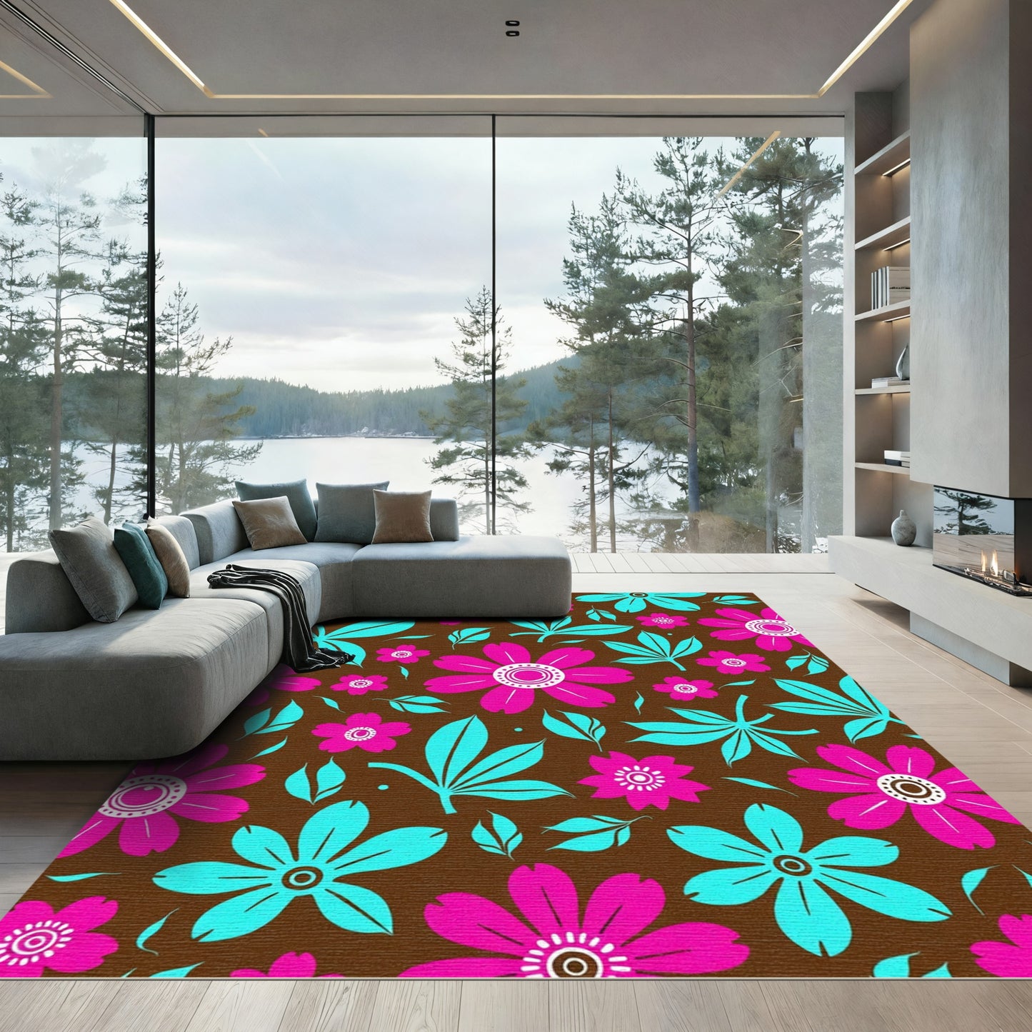 Bold Pink Teal Floral Pattern Rug