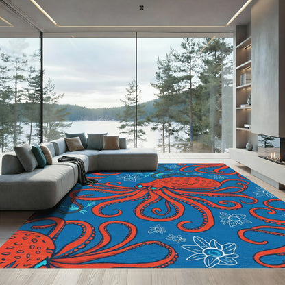 Orange Octopus Blue Floral Medley Rug