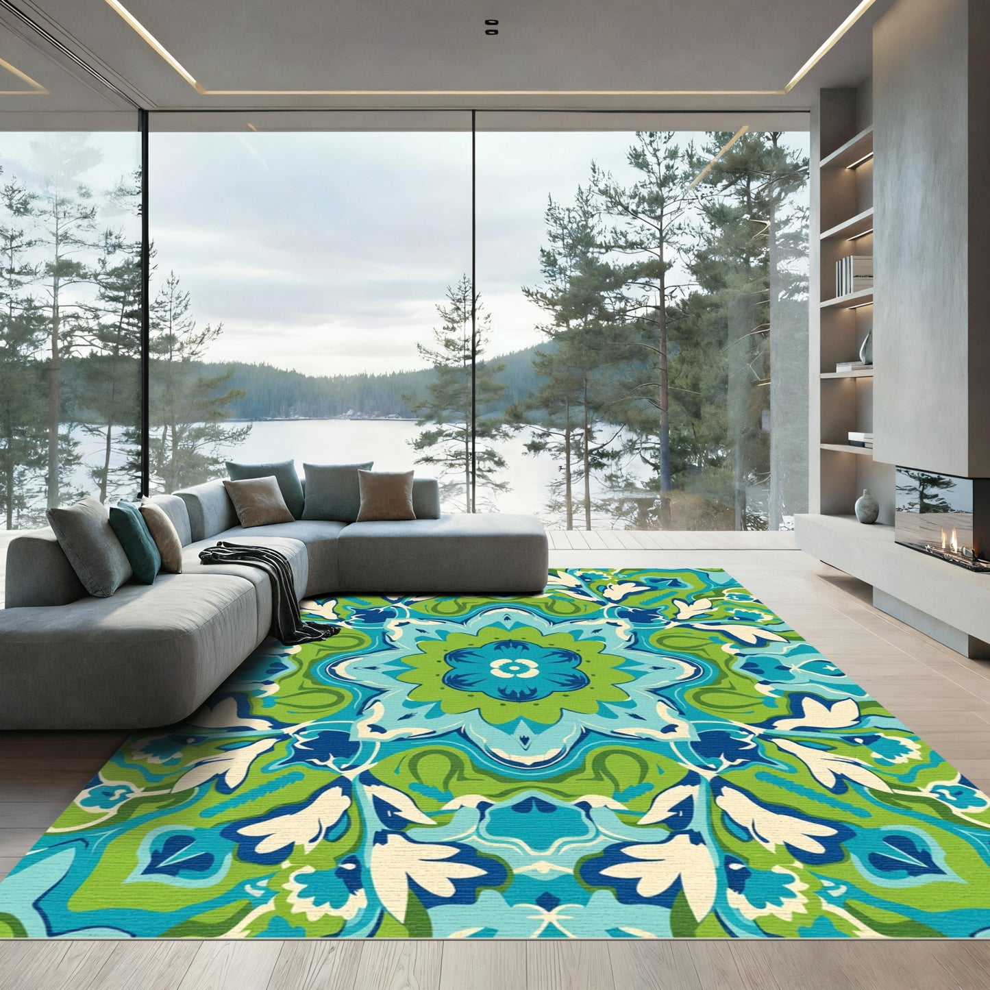 Vibrant Blue Green Floral Medallion Rug