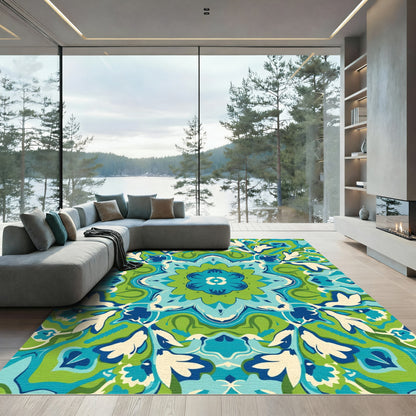 Vibrant Blue Green Floral Medallion Rug