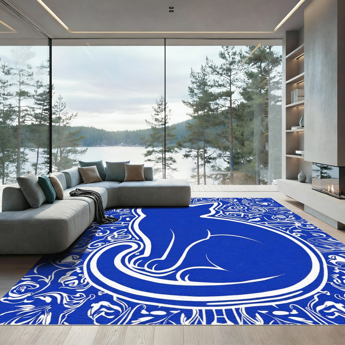 Blue White Siamese Cat Silhouette Intricate Border Rug