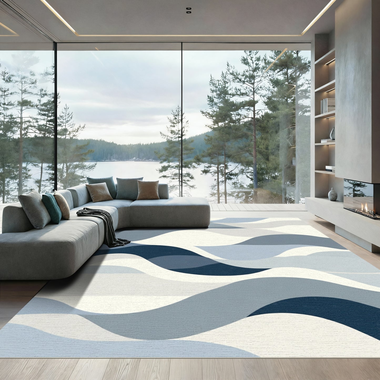 Serene Blue Tonal Wave Landscape Rug