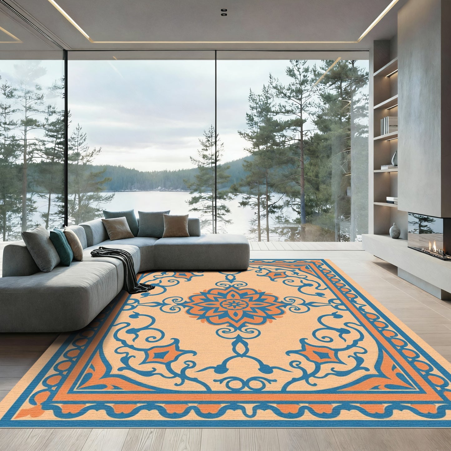 Amber Orange Teal Floral Medallion Rug