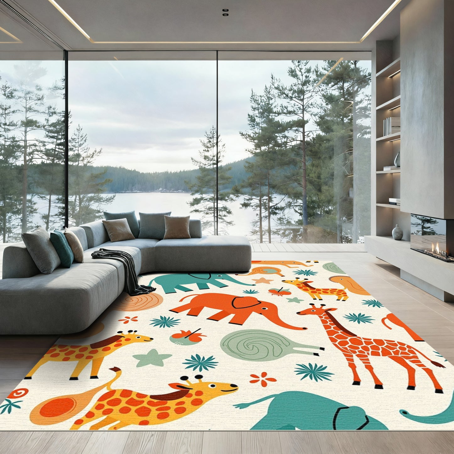 Playful Orange Green Elephant Giraffe Collage Rug