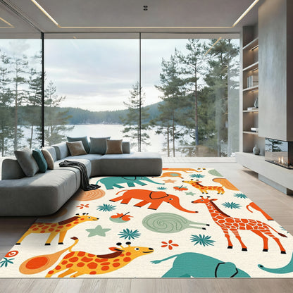 Playful Orange Green Elephant Giraffe Collage Rug