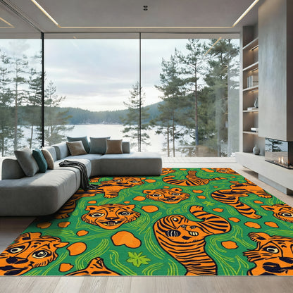 Whimsical Orange Tiger Green Jungle Rug
