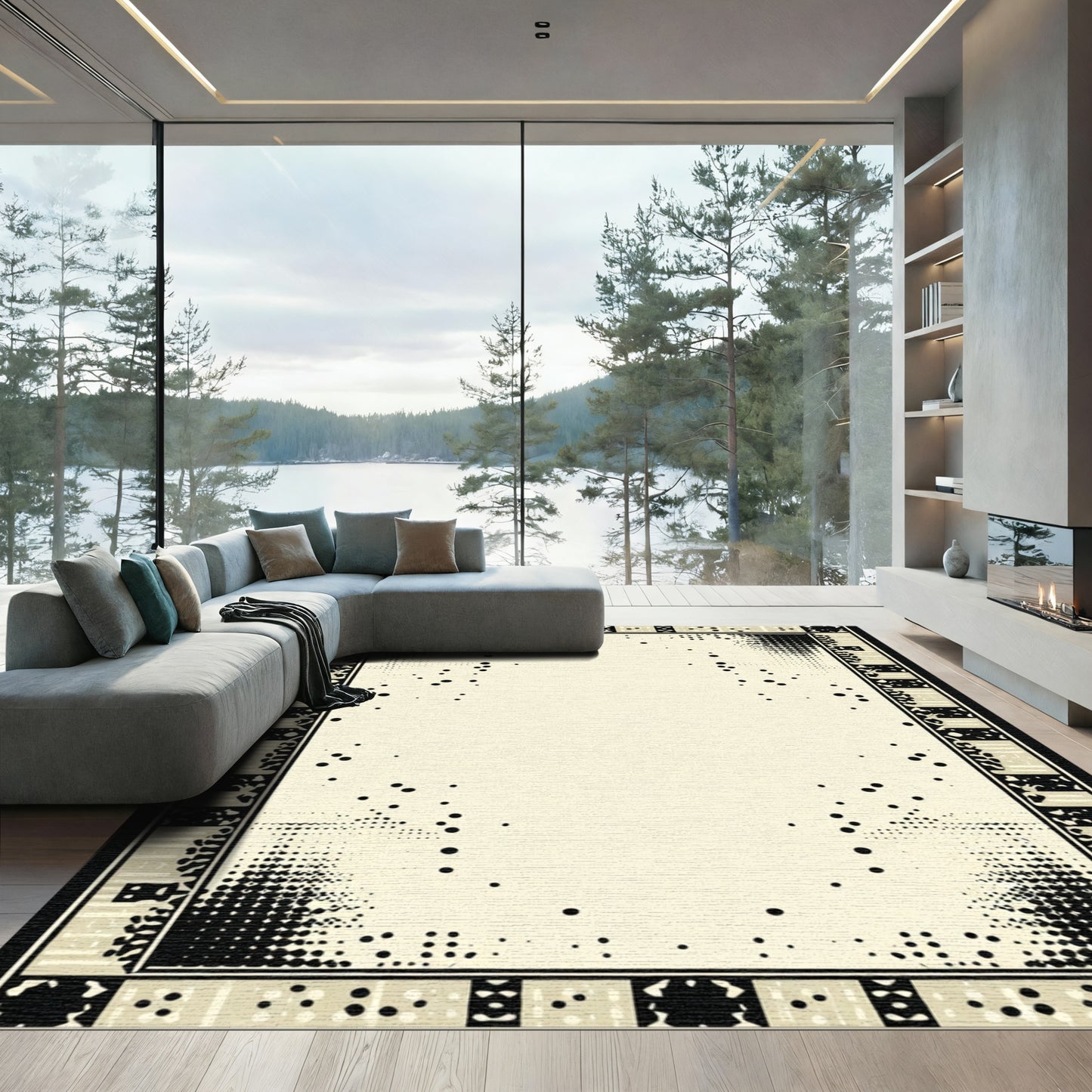 Black Speckled Sepia Geometric Border Design Rug
