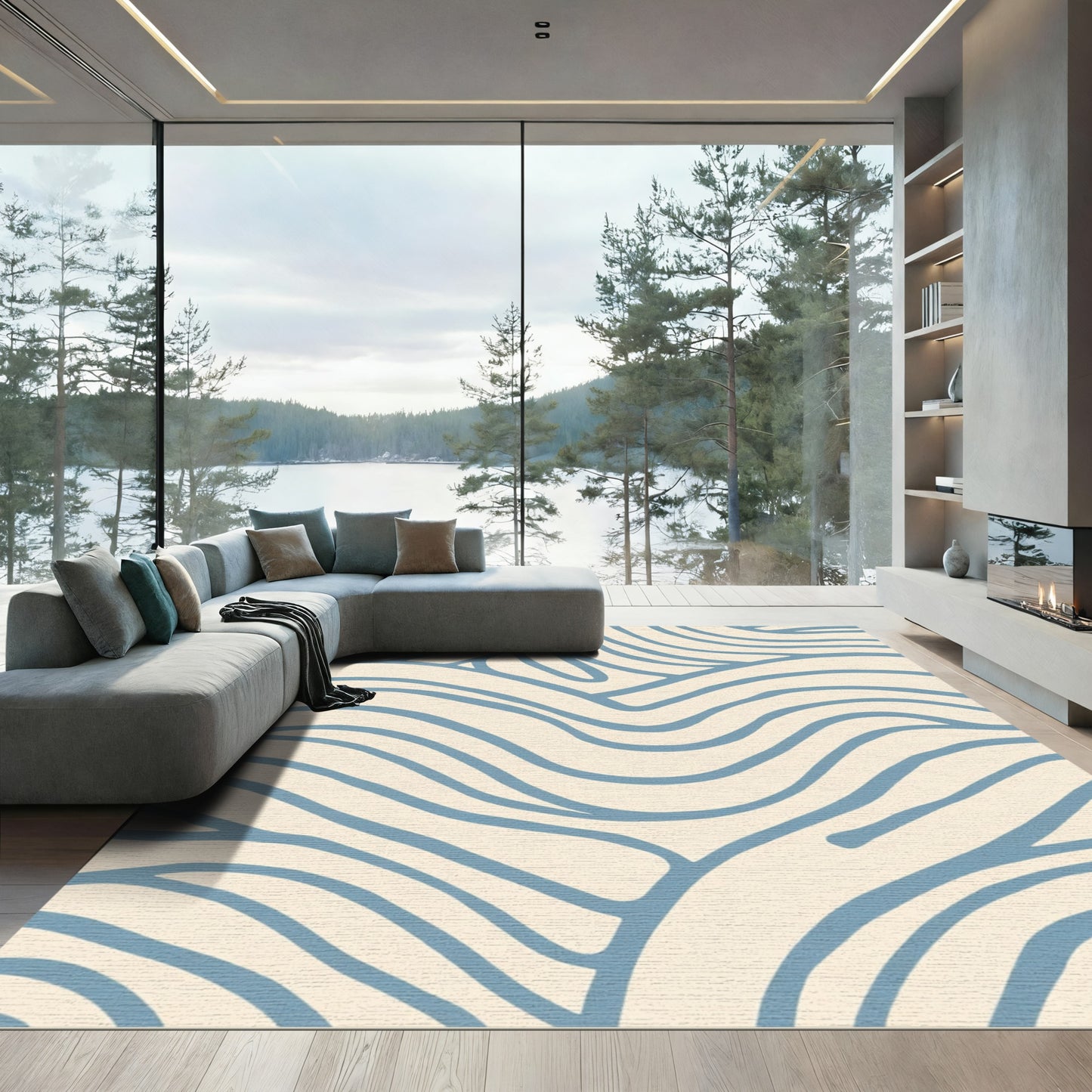 Cream Blue Abstract Organic Lines Rug