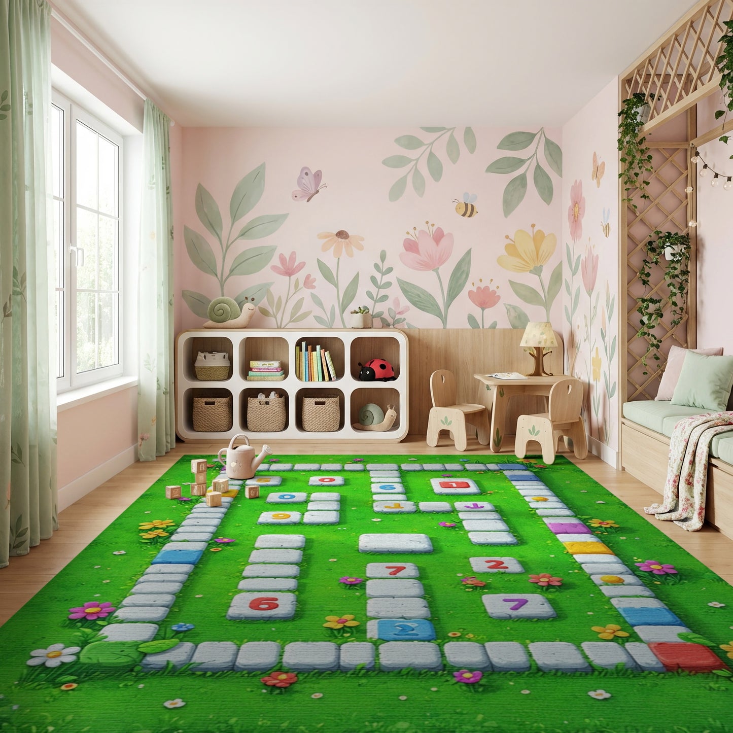 Playful Colorful Floral Numbered Tiles Rug
