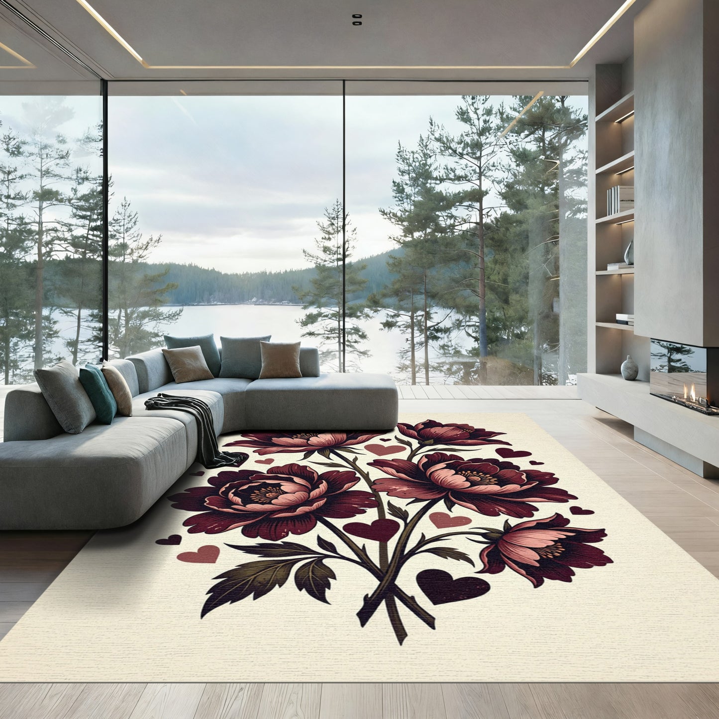 Burgundy Botanical Floral Hearts Illustration Rug