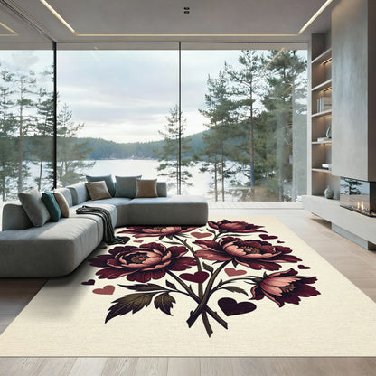 Burgundy Botanical Floral Hearts Illustration Rug