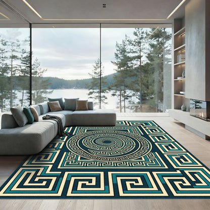Teal Gold Geometric Maze Rug