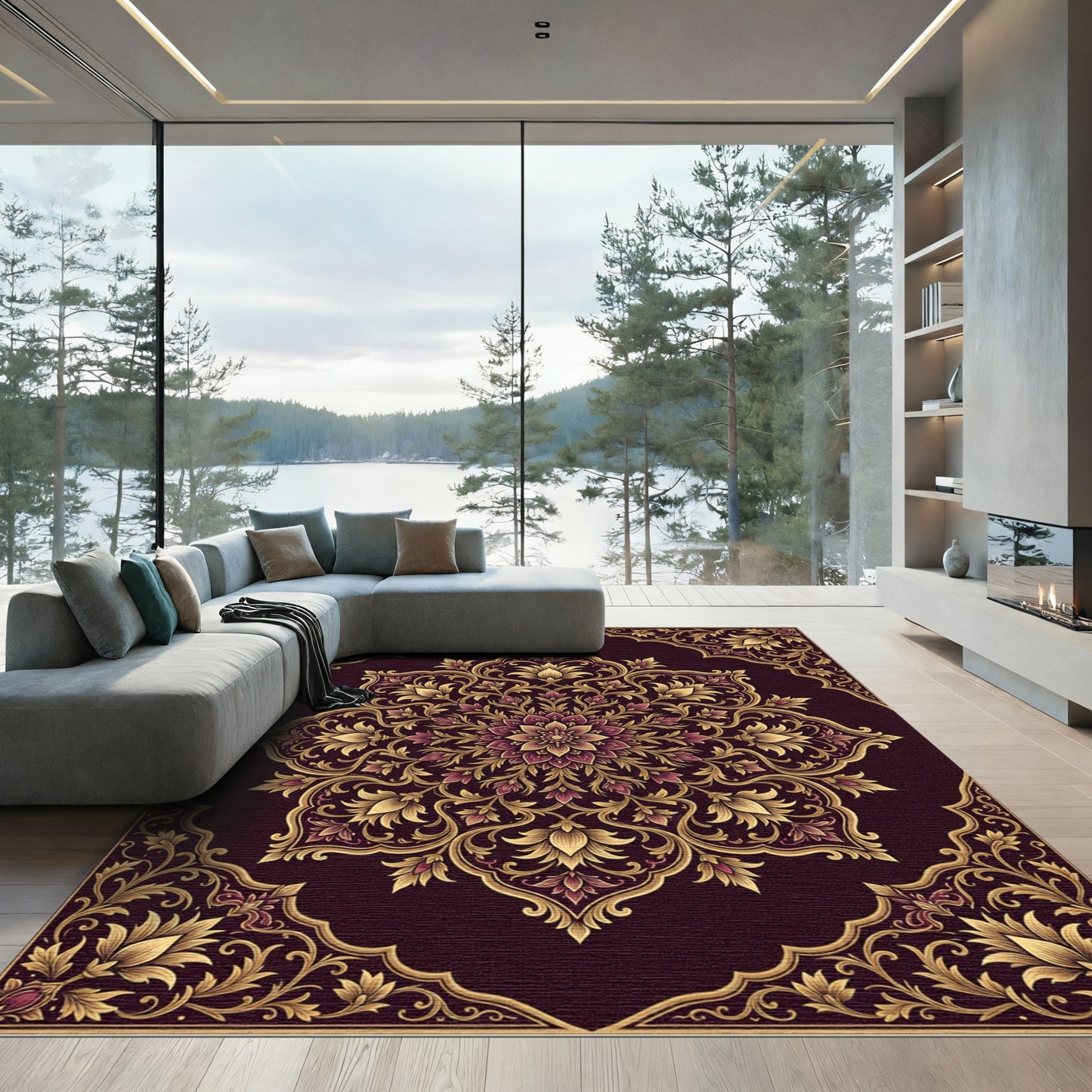 Rich Plum and Gold Floral Medallion Rug