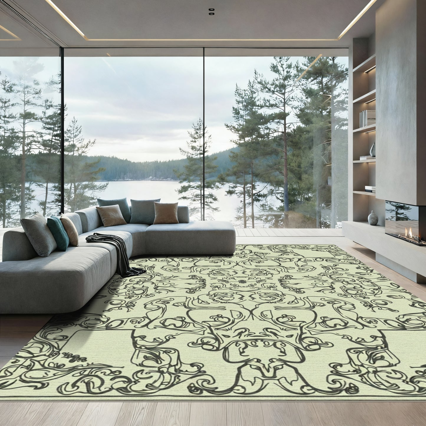 Pale Yellow Ornate Swirls Repeats Rug