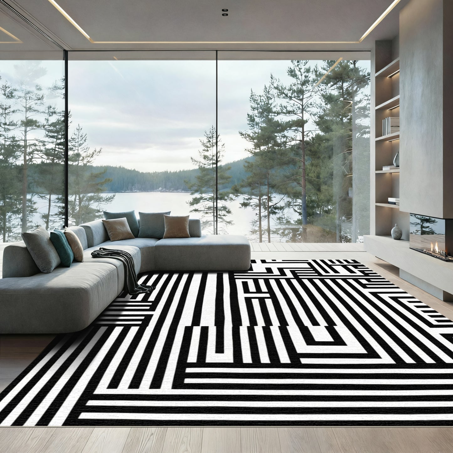 Abstract Black White Geometric Maze Rug