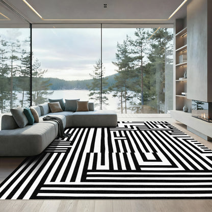 Abstract Black White Geometric Maze Rug