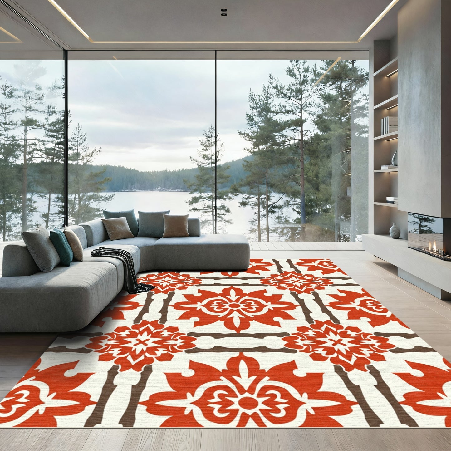 Crimson White Floral Lattice Rug
