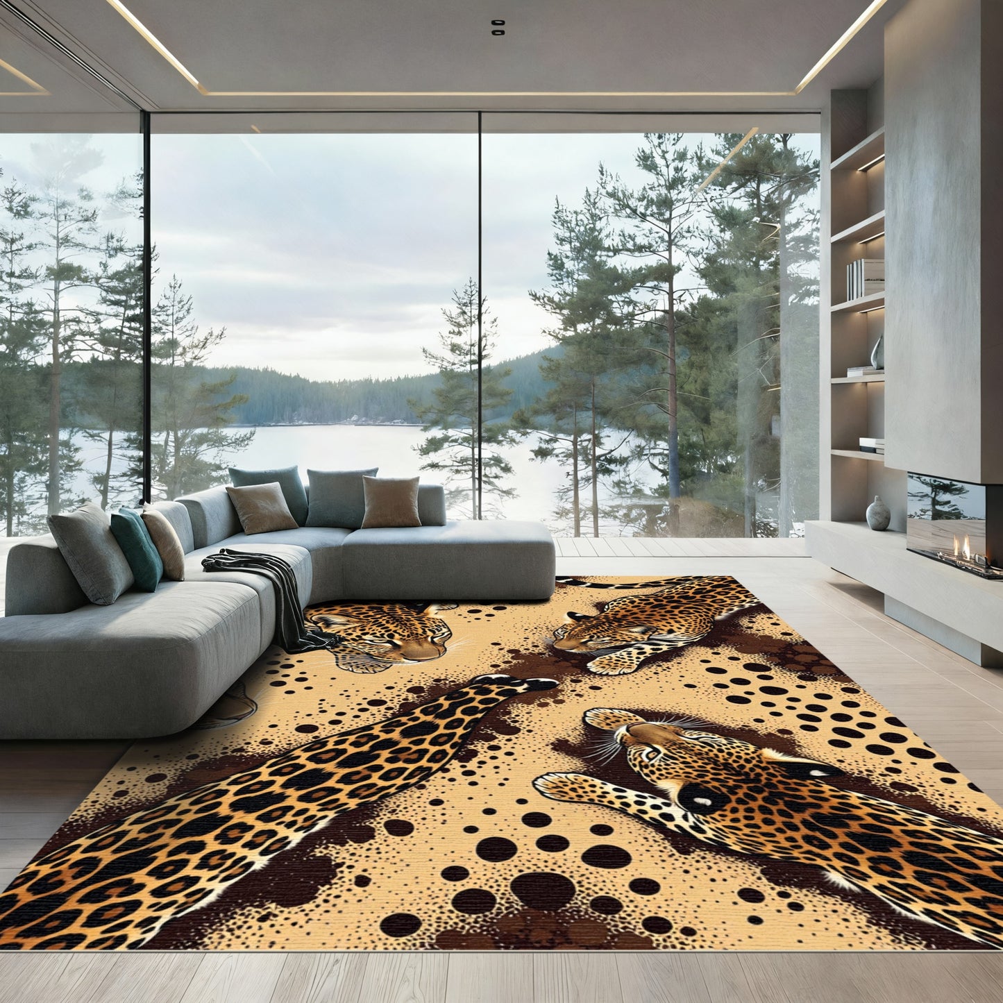 Golden Leopard Spots Jungle Scene Rug