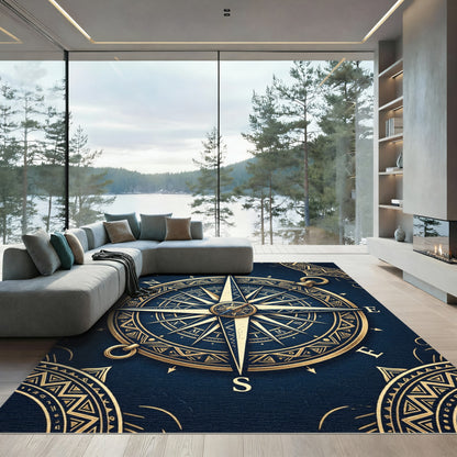 Golden Compass Nautical Navy Medallion Rug