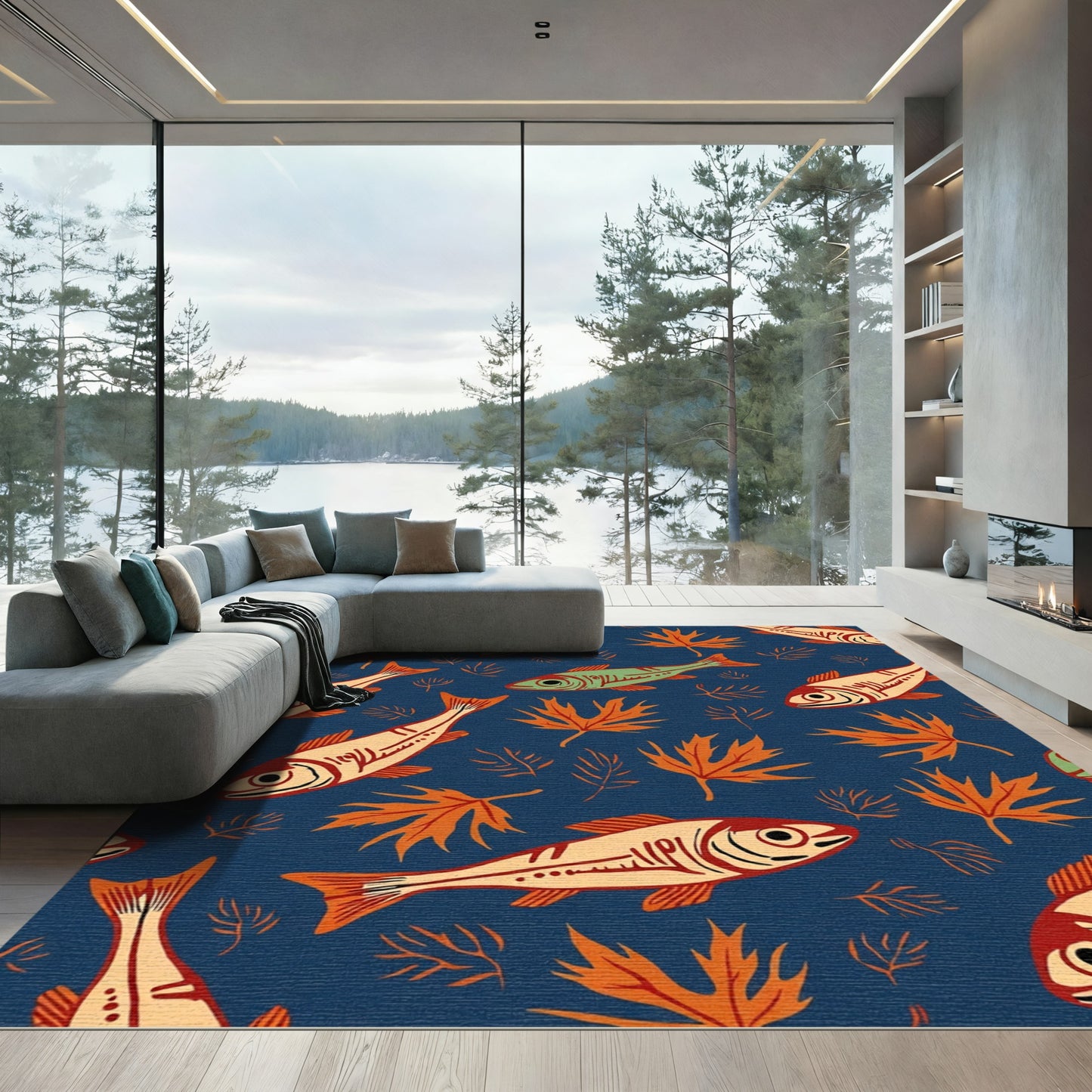 Autumnal Fish And Leaf Collage Rug