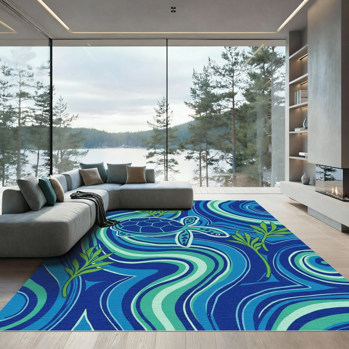 Aqua Blue Turtle Ocean Swirl Rug
