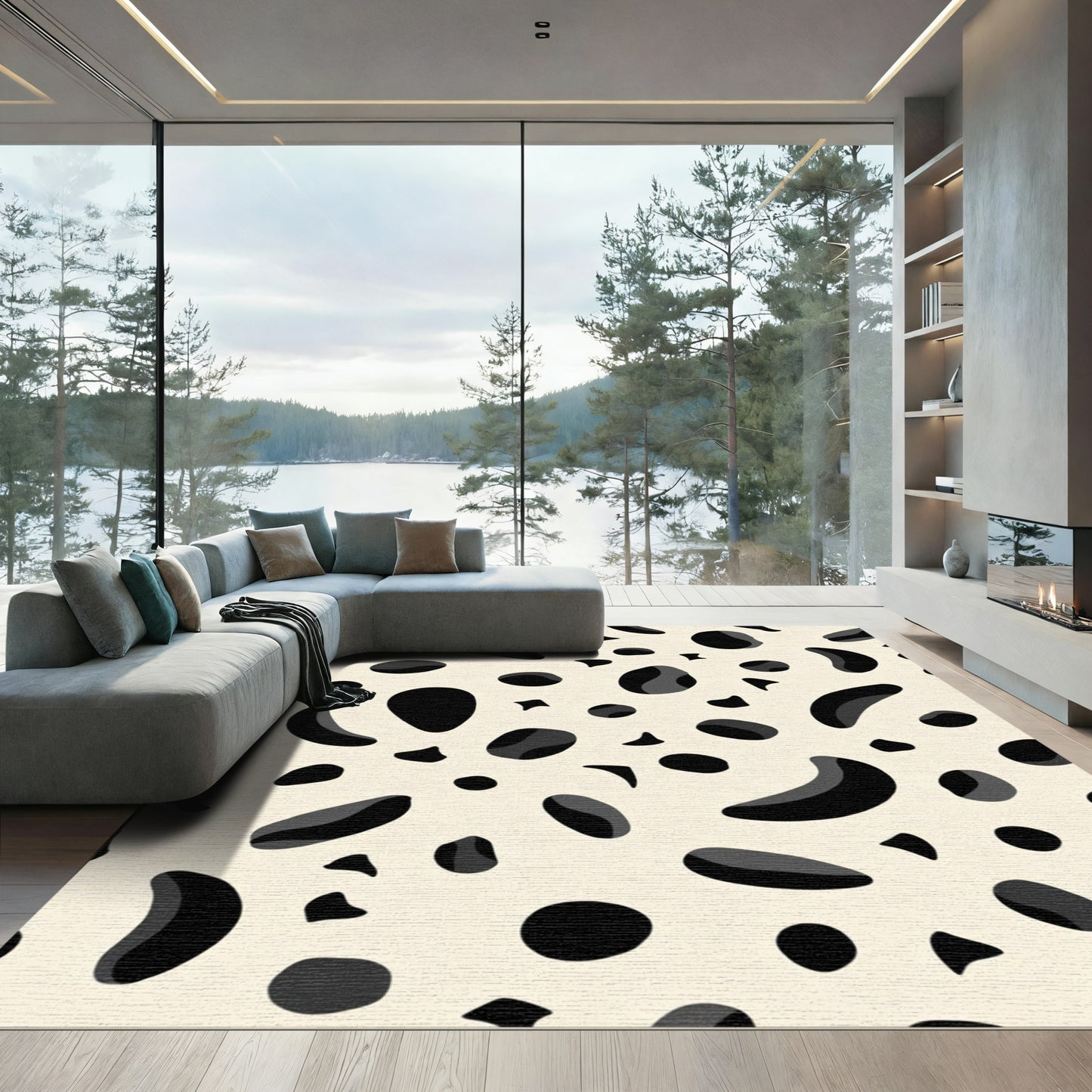 Creamy Black Spotty Organic Shape Rug