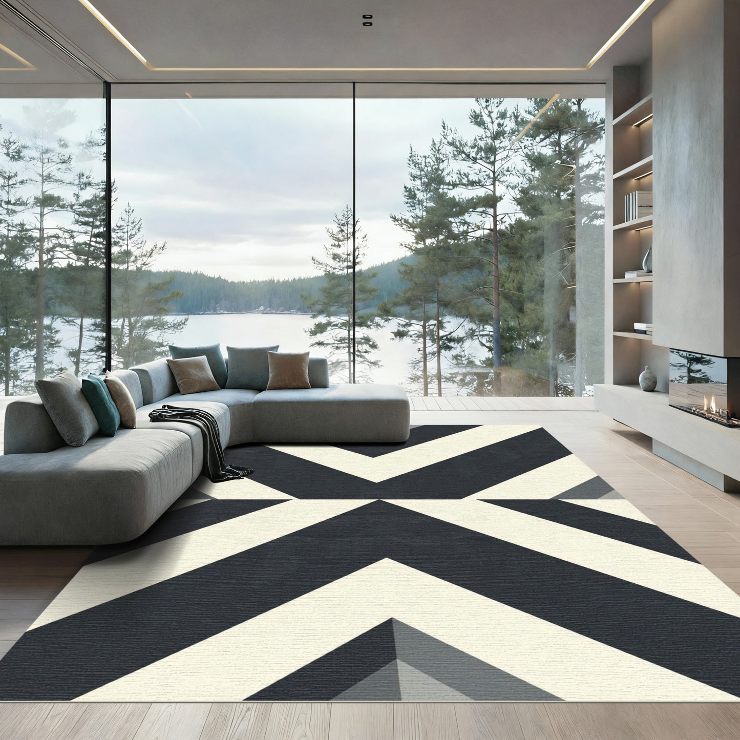 Modern Monochrome Sharp Geometric Chevron Rug