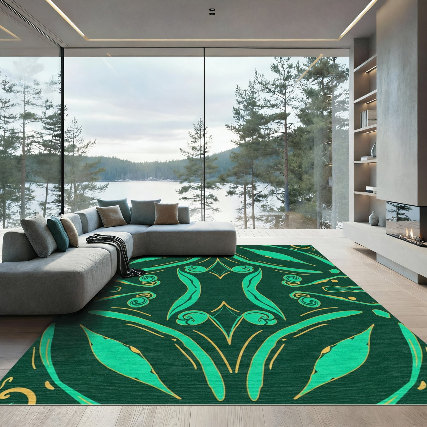 Emerald Green Gold Art Nouveau Swirls Rug