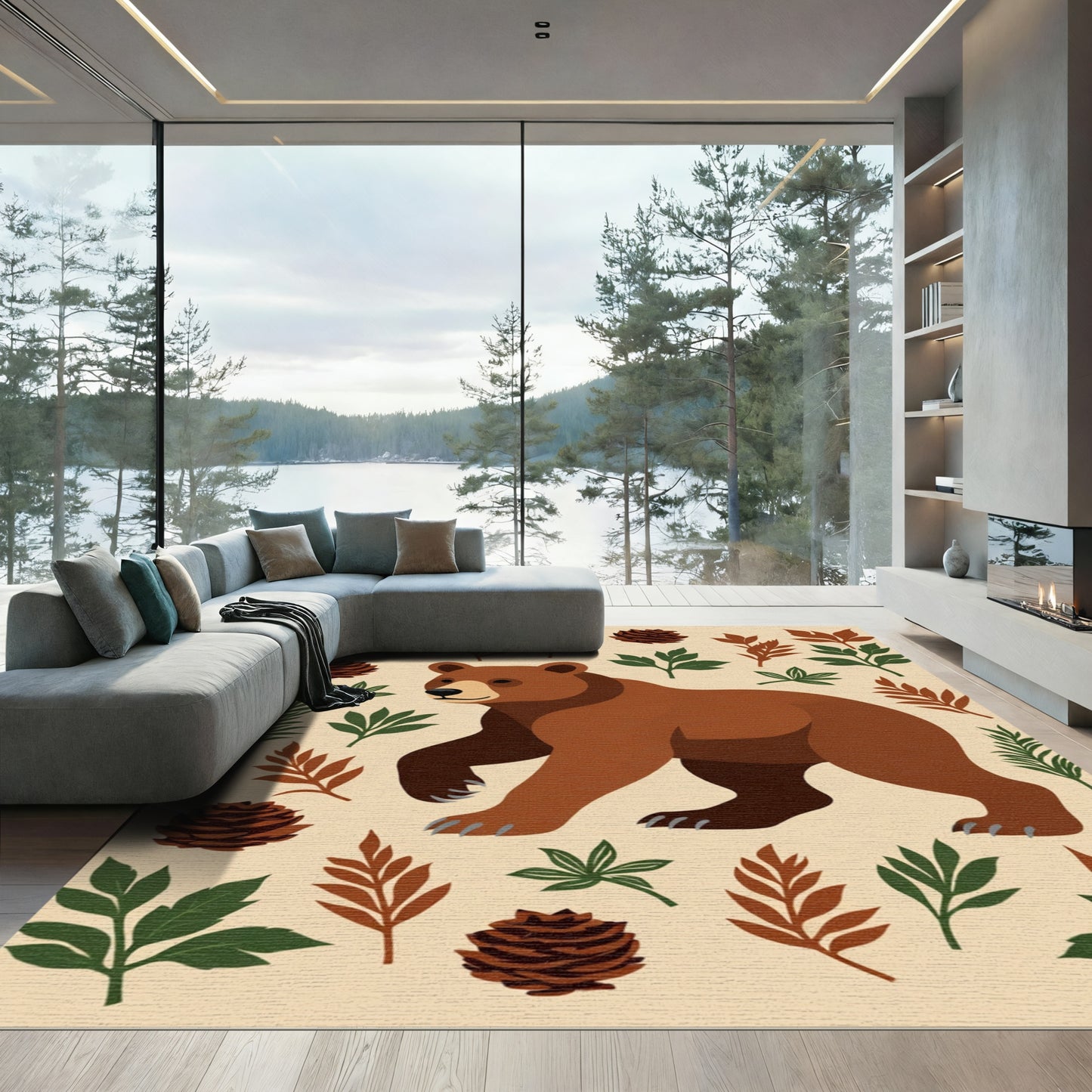 Forest Bear Pinecone Foliage Arrangement Rug
