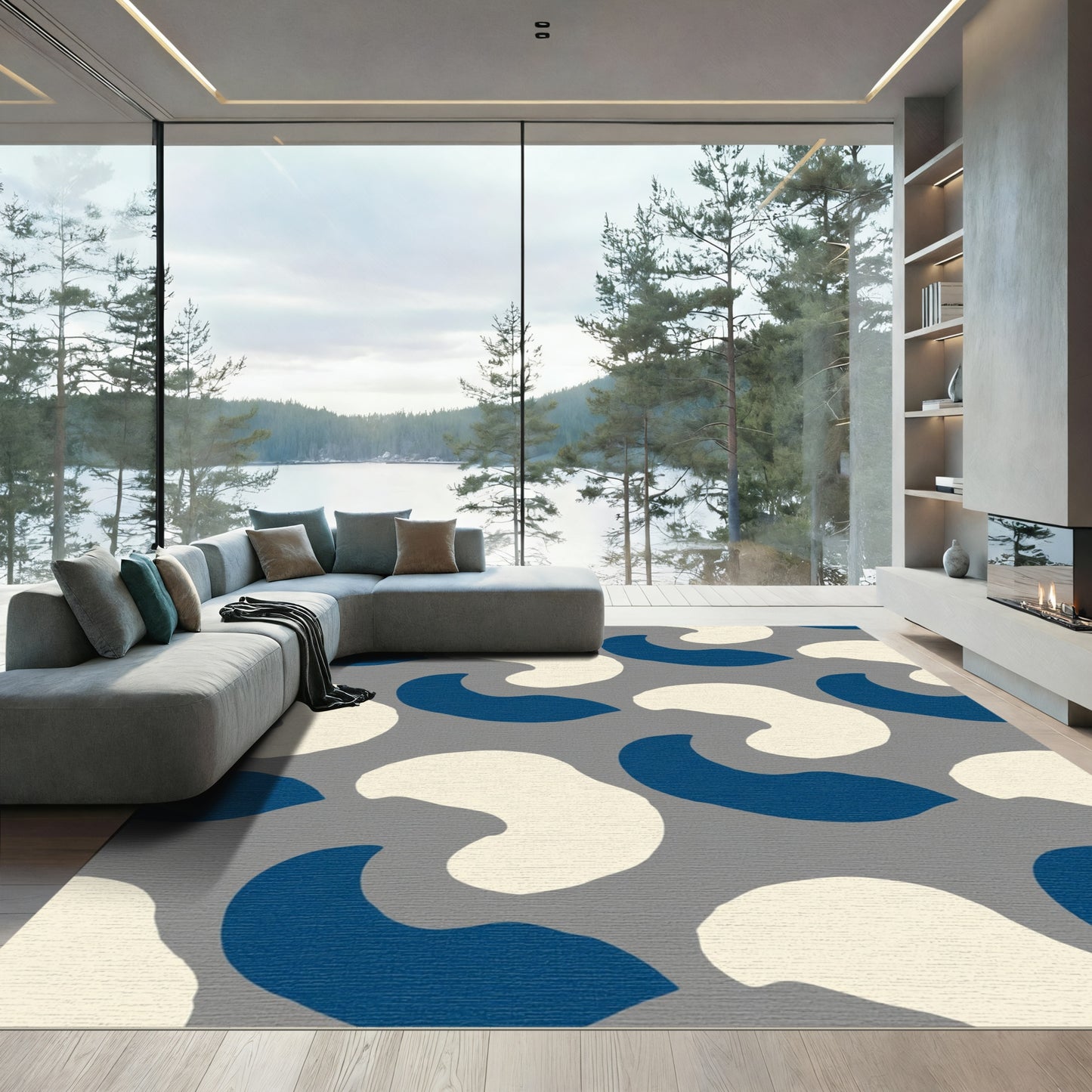 Cream Blue Organic Abstract Swirls Rug
