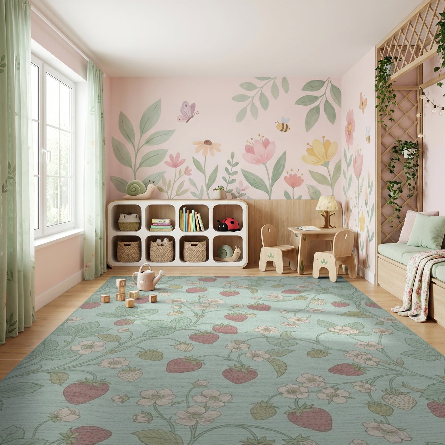 Whimsical Pastel Strawberry Floral Vine Rug
