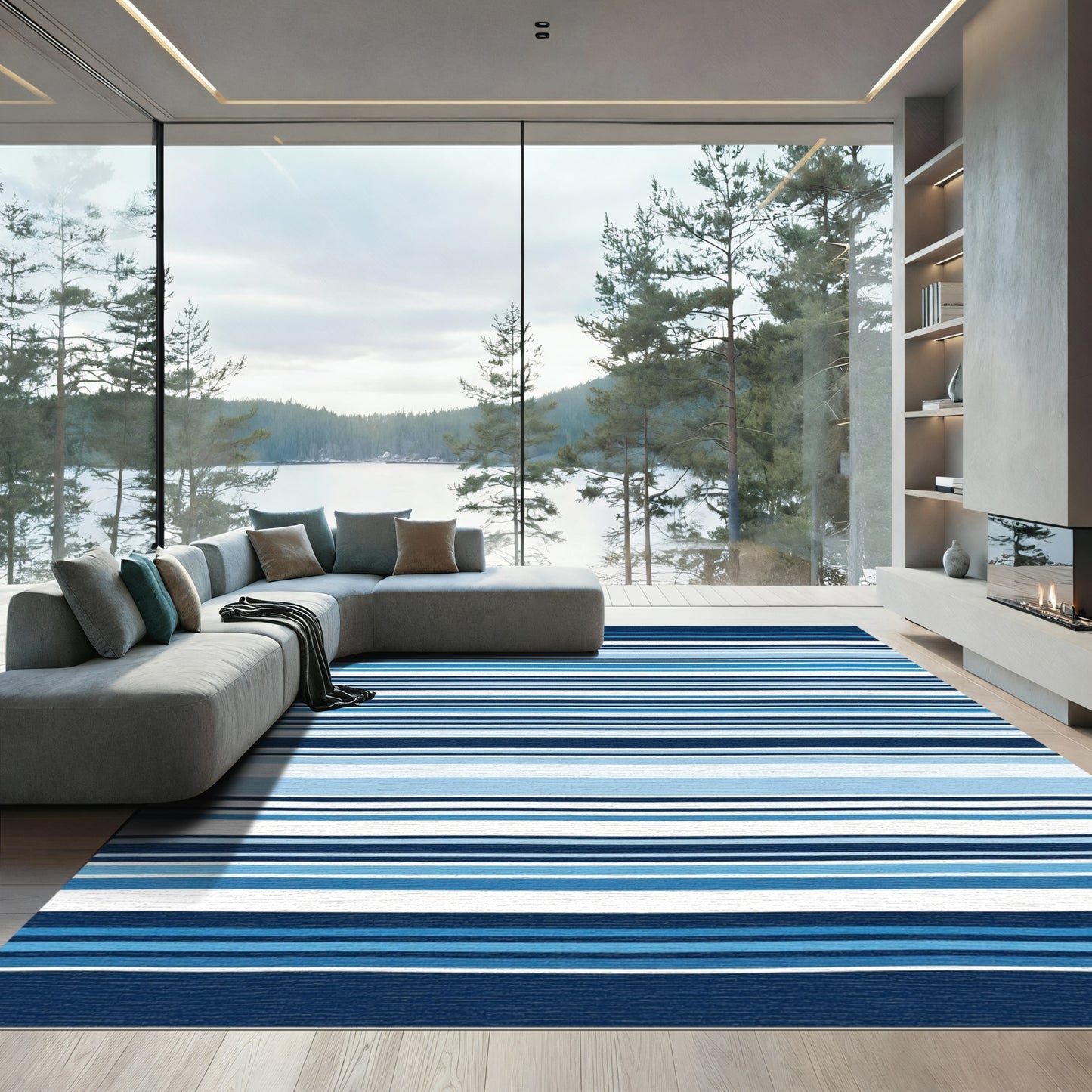 Deep Blue Striped Coastal Nautical Rug