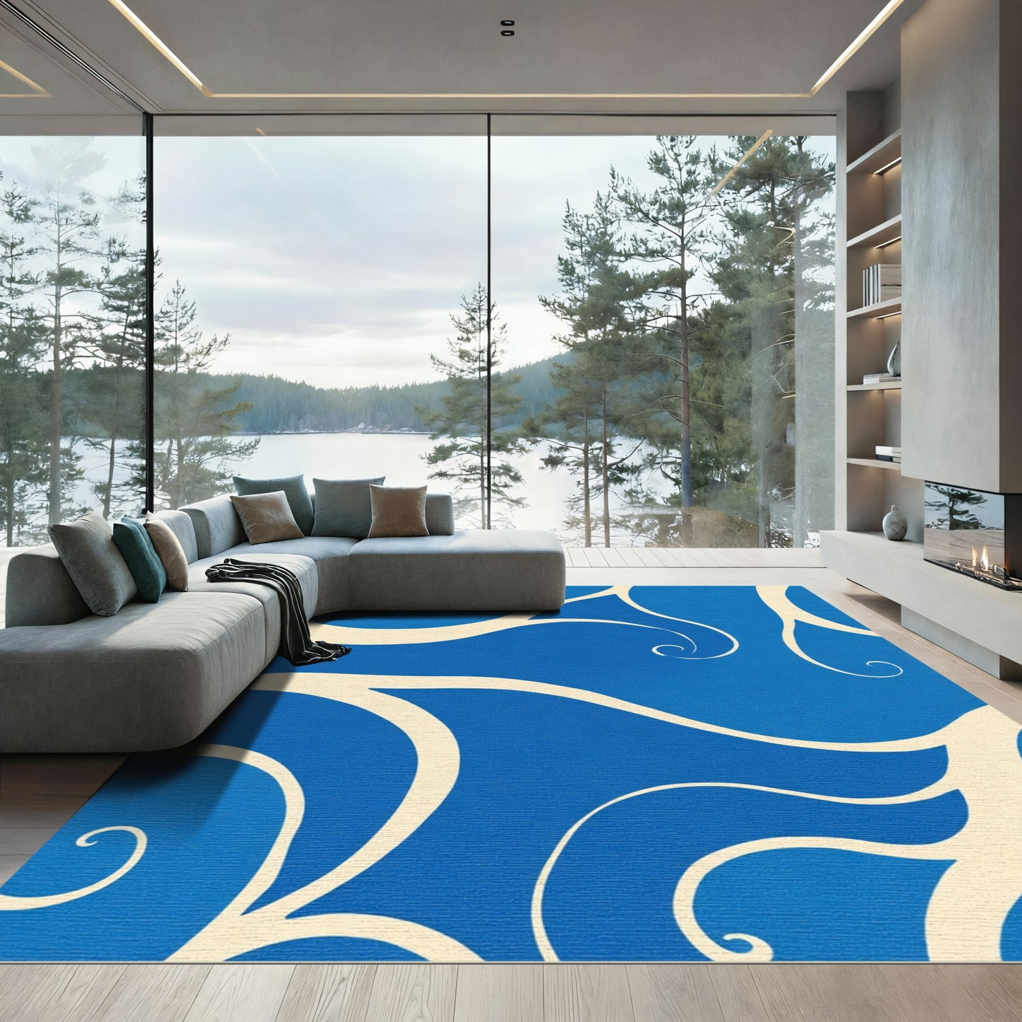 Bright Blue Cream Swirls Rug