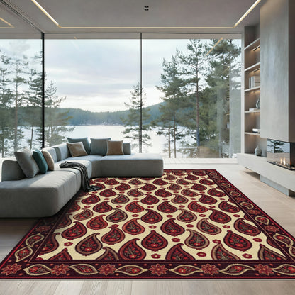 Dark Red Paisley Floral Medallion Border Rug