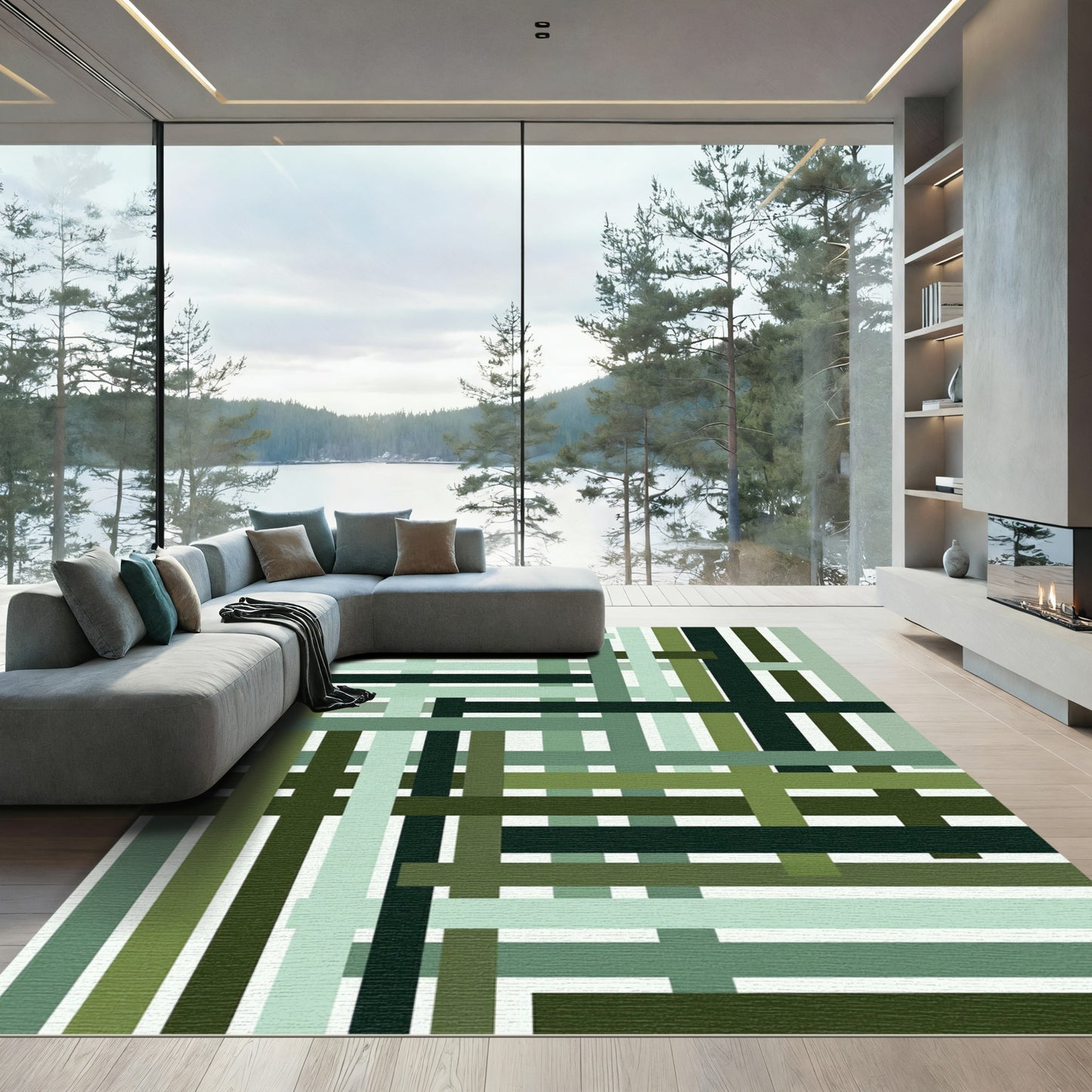 Green Tonal Striped Intersecting Lines Rug