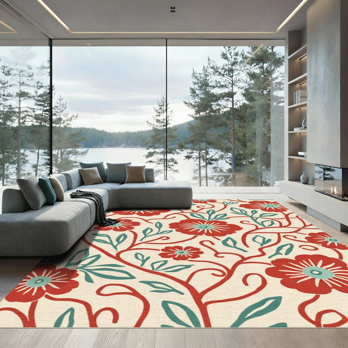 Red Floral Vines With Teal Accents Rug