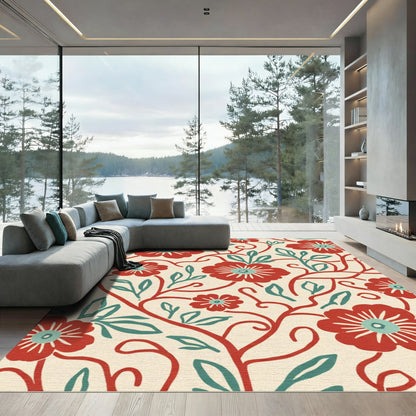 Red Floral Vines With Teal Accents Rug
