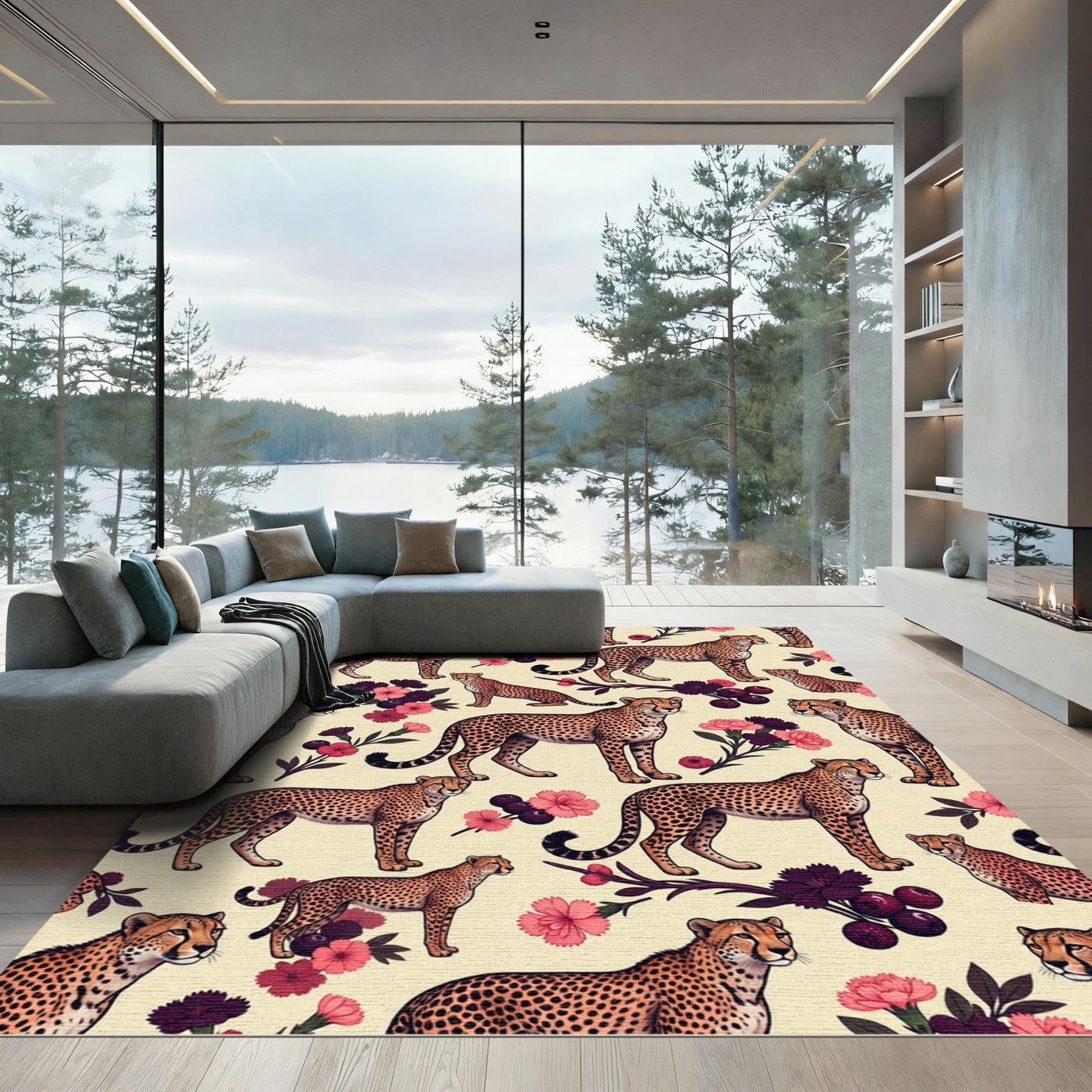 Elegant Cheetah and Floral Botanical Cream Rug