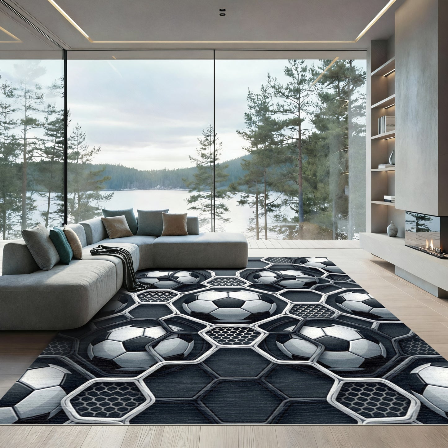 Monochromatic Geometric Soccer Ball Hexagon Sphere Rug