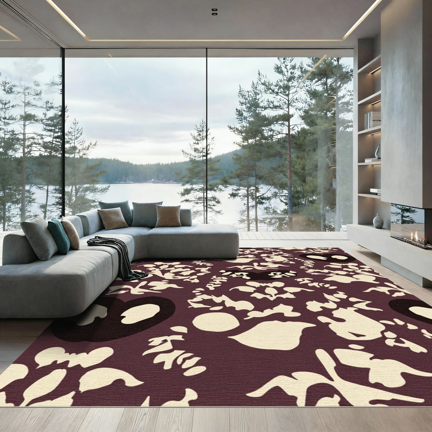 Crimson Cream Floral Heart Arrangement Rug