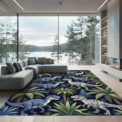 Playful Blue Dinosaur Tropical Forest Rug
